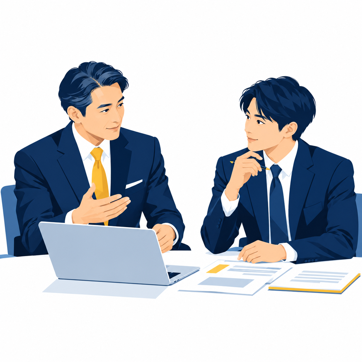 トレーナーと若手営業が1対1で商談を振り返るイラスト